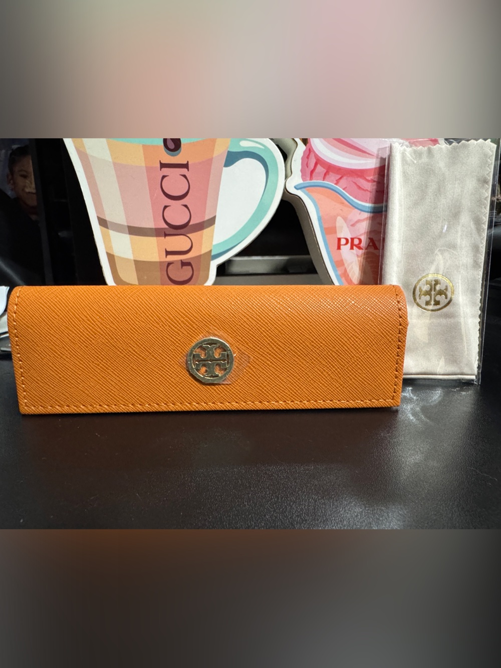 Tory Burch Orange Saffiano Leather Glasses Case with Gold Logo